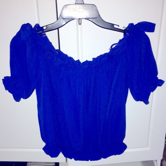 💙 NWOT Royal blue off the shoulder top w bow detail on sleeves- Sz S - Picture 3 of 10